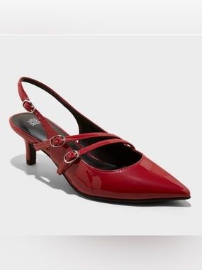 Wild Fable Sasha Red Patent Slingback Kitten Heel Pumps with Buckle Straps